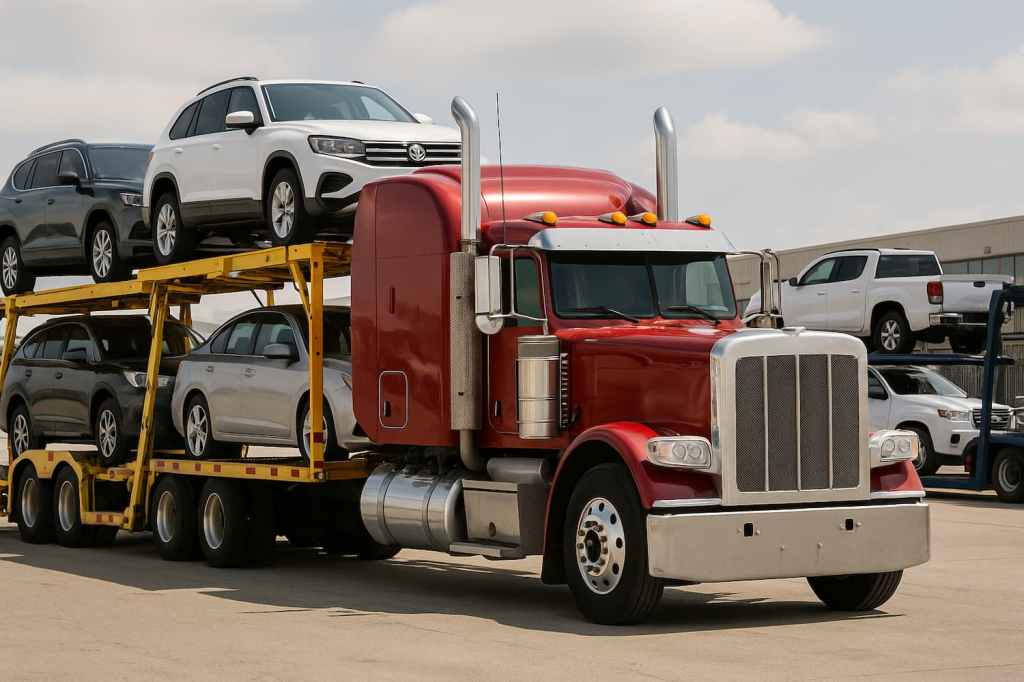 Camion rosso per trasporto auto che trasporta più veicoli in un’area industriale