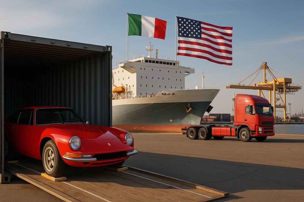 A red Italian classic car being unloaded from a gray shipping container at a dock, with a cargo ship flying Italian and US flags in the background, alongside a red semi-truck and yellow cranes.