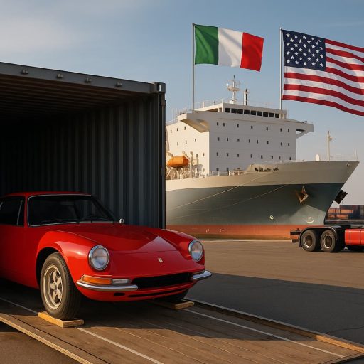 A red Italian classic car being unloaded from a gray shipping container at a dock, with a cargo ship flying Italian and US flags in the background, alongside a red semi-truck and yellow cranes.