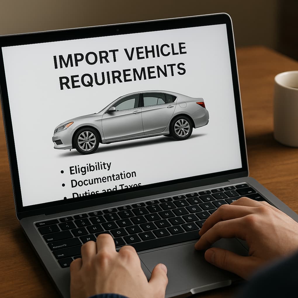 Persona che consulta il sito web della dogana statunitense su un laptop per i requisiti di importazione dei veicoli, con informazioni FMVSS ed EPA visibili sullo schermo