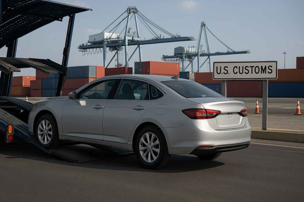 Classic sedan being unloaded from a car carrier at a US Customs checkpoint with shipping containers and cranes in the background