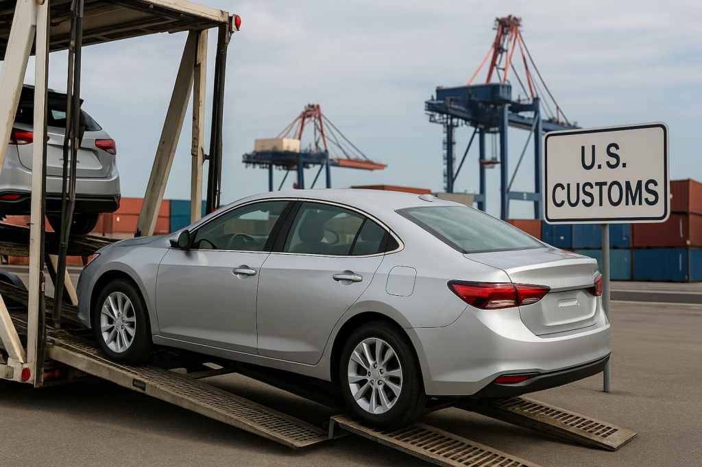 Berlina argentata scaricata da un rimorchio portaveicoli a più livelli presso un posto di controllo doganale statunitense, con container e gru sullo sfondo