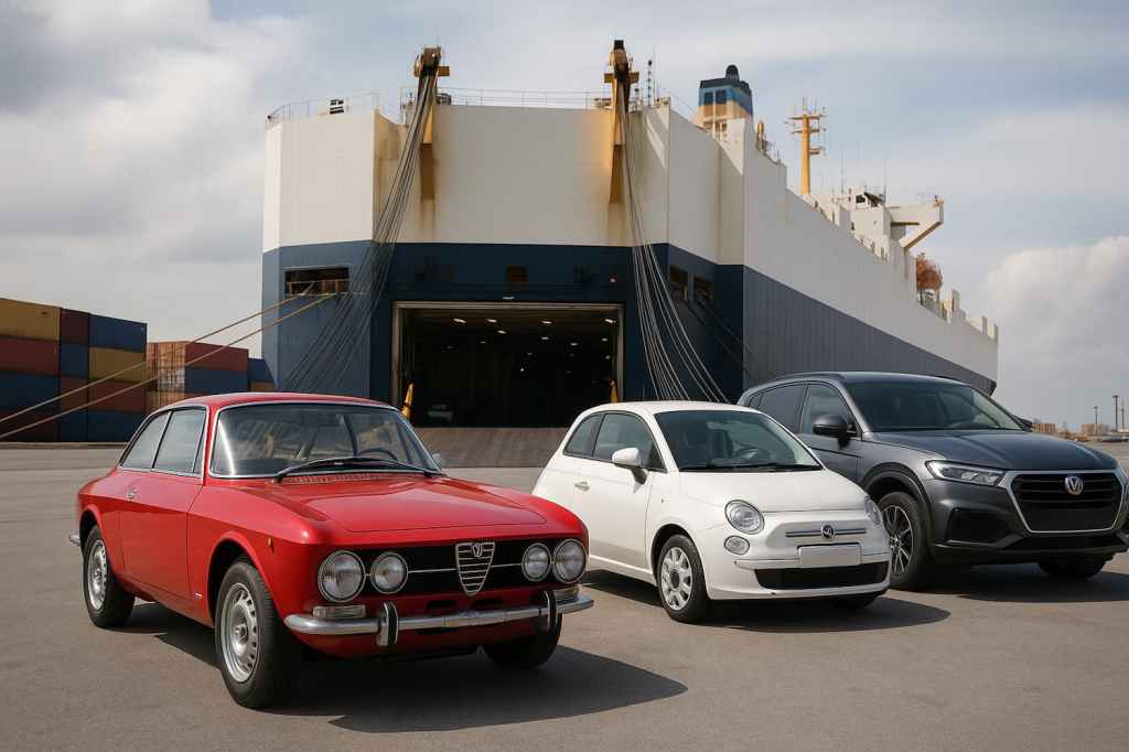 Tre veicoli italiani parcheggiati in un porto davanti a una nave cargo RoRo e a container impilati, in una giornata limpida